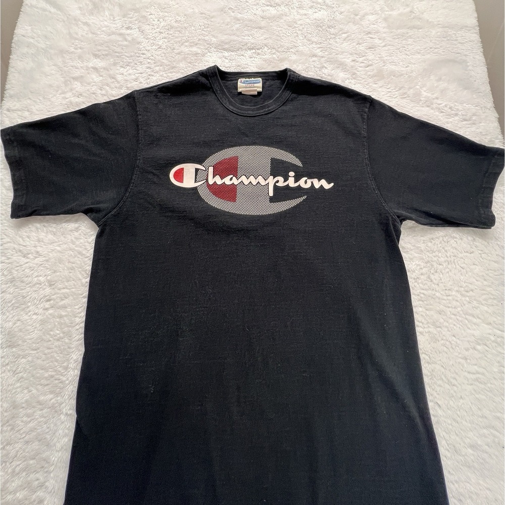 Vintage Champion Basic T-Shirt Mens‎ LG Crew Neck Graphic Print Logo Black